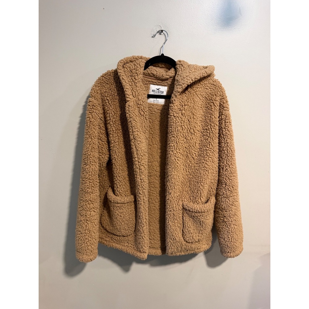 Hollister Womens Tan Sherpa Fleece Hooded Open Front Cardigan Jacket Small L624